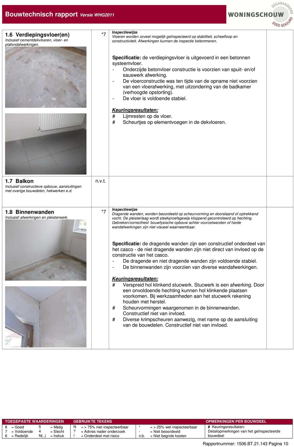 was ten tijde van de opname niet voorzien van een vloerafwerking, met uitzondering van de badkamer (verhoogde opstorting) De vloer is voldoende stabiel # Lijmresten op de vloer # Scheurtjes op