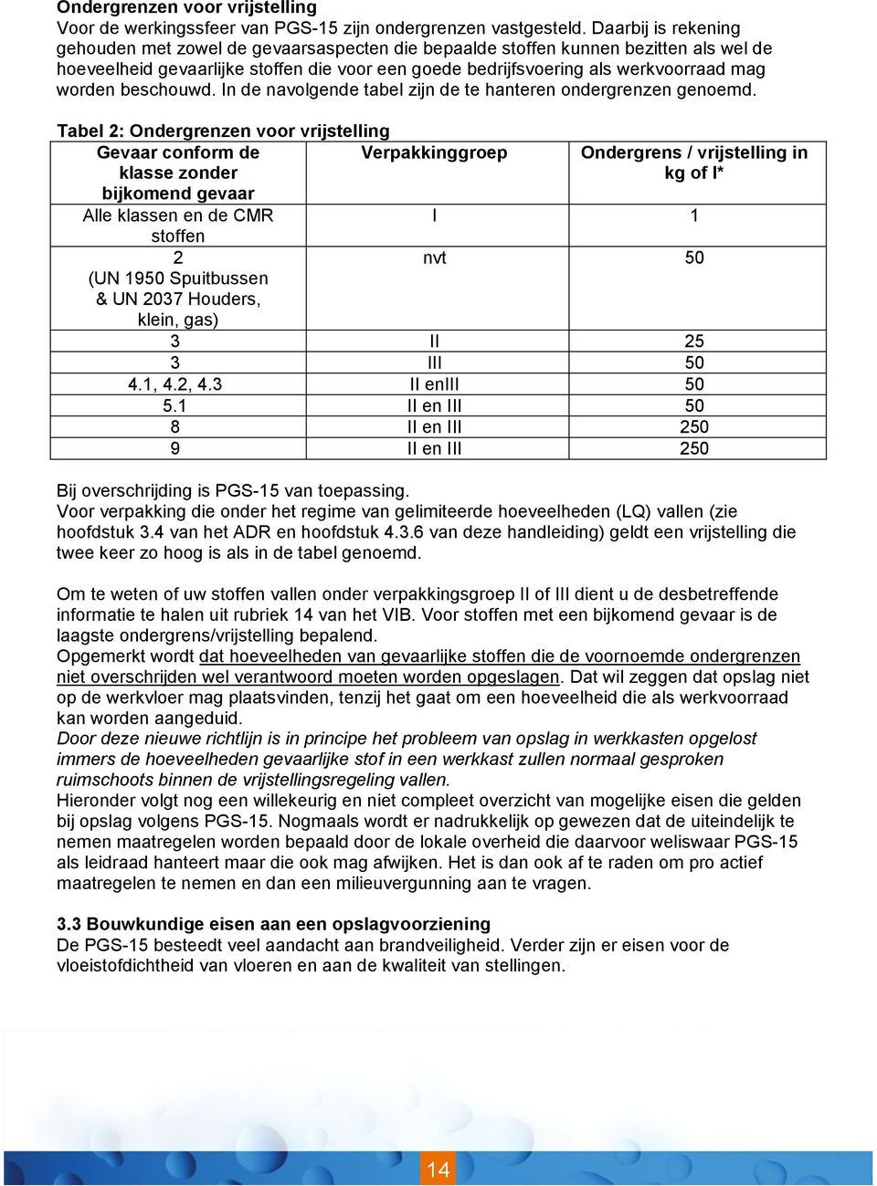 worden beschouwd. In de navolgende tabel zijn de te hanteren ondergrenzen genoemd.