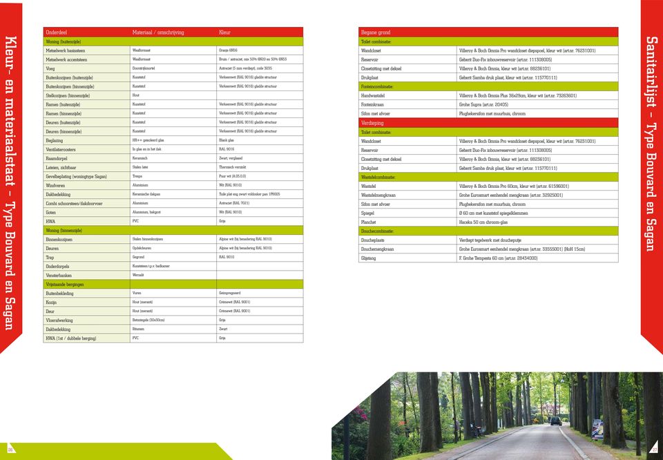 Buitenkozijnen (binnenzijde) Kunststof Verkeerswit (RAL 9016) gladde structuur Stelkozijnen (binnenzijde) Hout Ramen (buitenzijde) Kunststof Verkeerswit (RAL 9016) gladde structuur Ramen