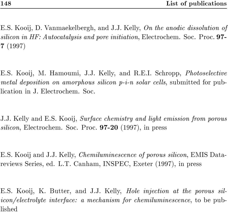 Soc. Proc. 97-20 (1997), in press E.S. Kooij and J.J. Kelly, Chemiluminescence of porous silicon, EMIS Datareviews Series, ed. L.T. Canham, INSPEC, Exeter (1997), in press E.S. Kooij, K.