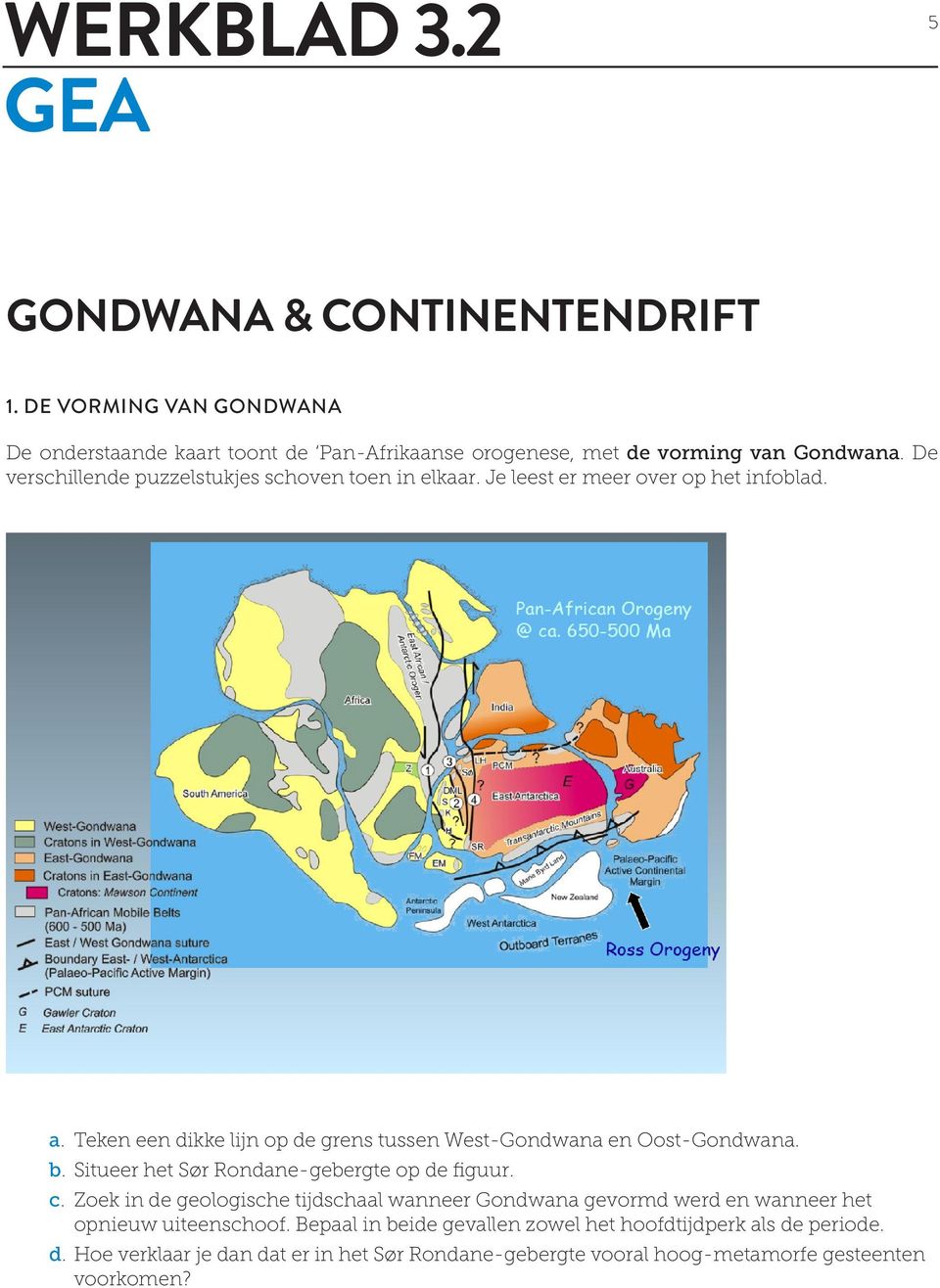 Teken een dikke lijn op de grens tussen West-Gondwana en Oost-Gondwana. b. Situeer het Sør Rondane-gebergte op de figuur. c.