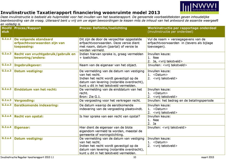 Vul de naam + versiegegevens van de erfpachtvoorwaarden in (tevens als bijlage toevoegen). G.2.a.3 Recht van vruchtgebruik/gebruik en bewoning/anders: G.2.a.3 Ingebruikgever: Naam van de eigenaar van het object.