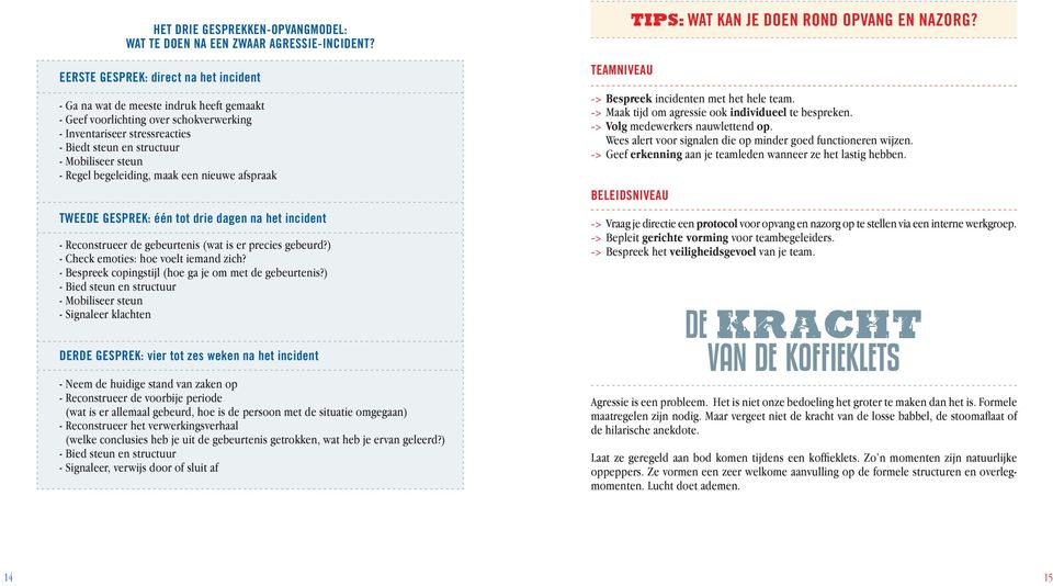 - Regel begeleiding, maak een nieuwe afspraak TWEEDE GESPREK: één tot drie dagen na het incident - Reconstrueer de gebeurtenis (wat is er precies gebeurd?) - Check emoties: hoe voelt iemand zich?