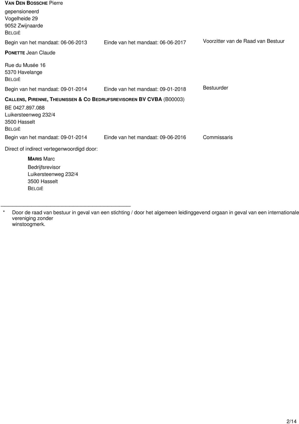 088 Luikersteenweg 232/4 3500 Hasselt BELGIË Begin van het mandaat: 09-01-2014 Einde van het mandaat: 09-06-2016 Commissaris Direct of indirect vertegenwoordigd door: MARIS Marc Bedrijfsrevisor