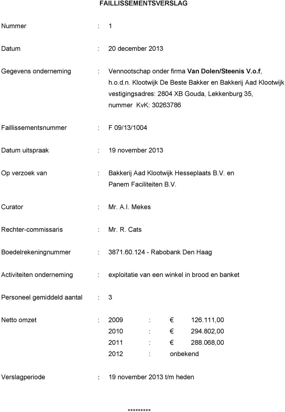Faillissementsnummer : F 09/13/1004 Datum uitspraak : 19 november 2013 Op verzoek van : Bakkerij Aad Klootwijk Hesseplaats B.V. en Panem Faciliteiten B.V. Curator : Mr. A.I.
