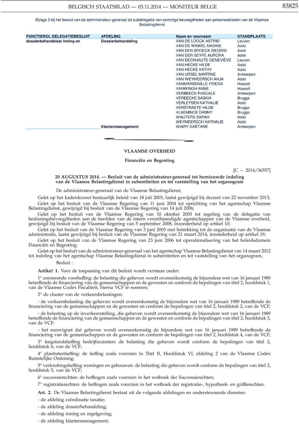 Belastingdienst, Gelet op het kaderdecreet bestuurlijk beleid van 18 juli 2003, laatst gewijzigd bij decreet van 22 november 2013; Gelet op het besluit van de Vlaamse Regering van 11 juni 2004 tot