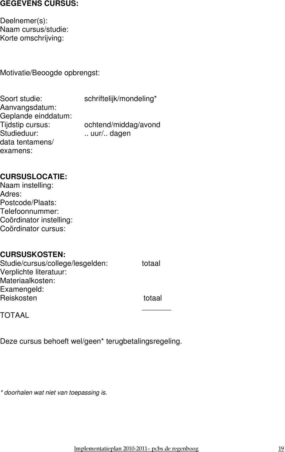 . dagen CURSUSLOCATIE: Naam instelling: Adres: Postcode/Plaats: Telefoonnummer: Coördinator instelling: Coördinator cursus: CURSUSKOSTEN: