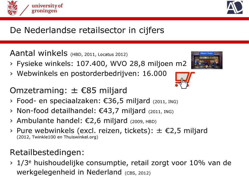 000 Omzetraming: ± 85 miljard Food- en speciaalzaken: 36,5 miljard (2011, ING) Non-food detailhandel: 43,7 miljard (2011, ING) Ambulante