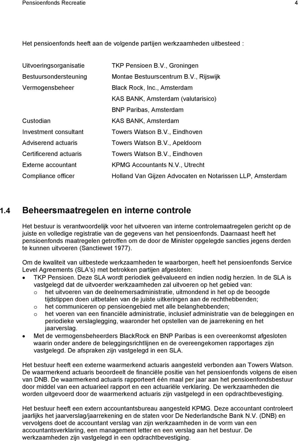 , Amsterdam KAS BANK, Amsterdam (valutarisico) BNP Paribas, Amsterdam KAS BANK, Amsterdam Towers Watson B.V., Eindhoven Towers Watson B.V., Apeldoorn Towers Watson B.V., Eindhoven KPMG Accountants N.