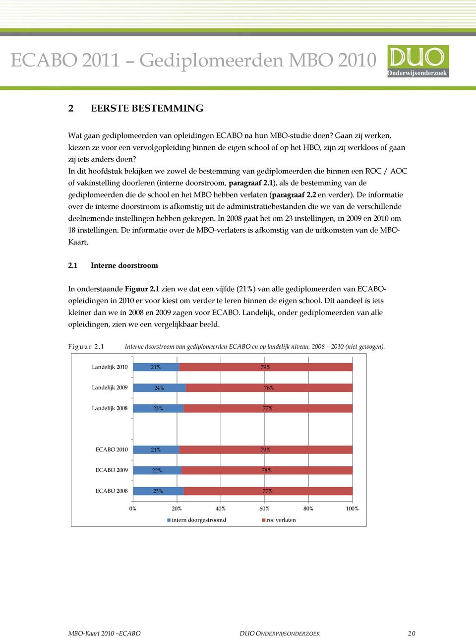 In dit hoofdstuk bekijken we zowel de bestemming van gediplomeerden die binnen een ROC / AOC of vakinstelling doorleren (interne doorstroom, paragraaf 2.