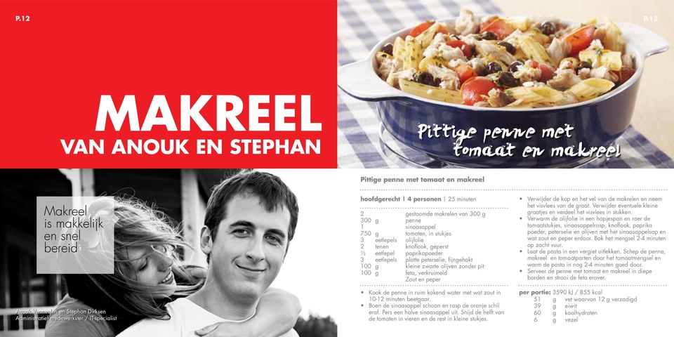 25 minuten 2 gestoomde makrelen van 300 g 300 g penne 1 sinaasappel 750 g tomaten, in stukjes 3 eetlepels olijfolie 2 tenen knoflook, geperst ½ eetlepel paprikapoeder 3 eetlepels platte peterselie,