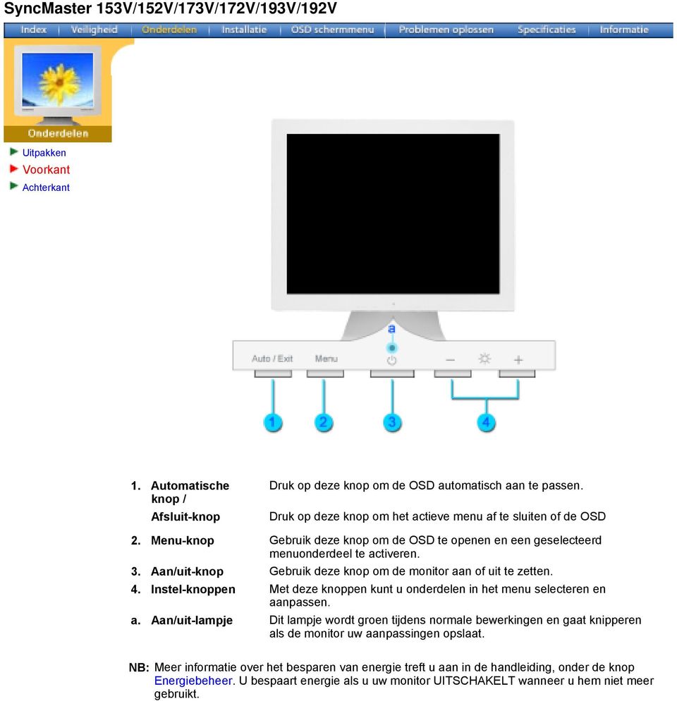 Aan/uit-knop Gebruik deze knop om de monitor aan of uit te zetten. 4. Instel-knoppen Met deze knoppen kunt u onderdelen in het menu selecteren en aanpassen. a. Aan/uit-lampje Dit lampje wordt groen tijdens normale bewerkingen en gaat knipperen als de monitor uw aanpassingen opslaat.