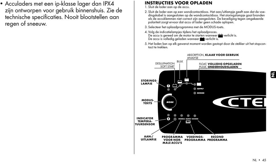 Het storingslampje gaat branden als de accuklemmen niet correct zijn aangesloten. De beveiliging tegen omgekeerde polariteit zorgt ervoor dat accu of lader geen schade oplopen. 3.