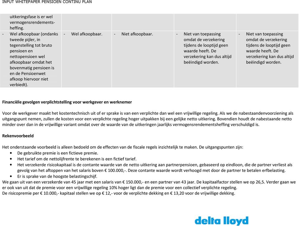 - Wel afkoopbaar. - Niet afkoopbaar. - Niet van toepassing omdat de verzekering tijdens de looptijd geen waarde heeft. De verzekering kan dus altijd beëindigd worden.