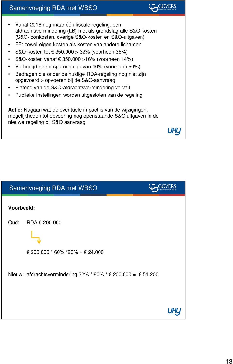 000 >16% (voorheen 14%) Verhoogd starterspercentage van 40% (voorheen 50%) Bedragen die onder de huidige RDA-regeling nog niet zijn opgevoerd > opvoeren bij de S&O-aanvraag Plafond van de