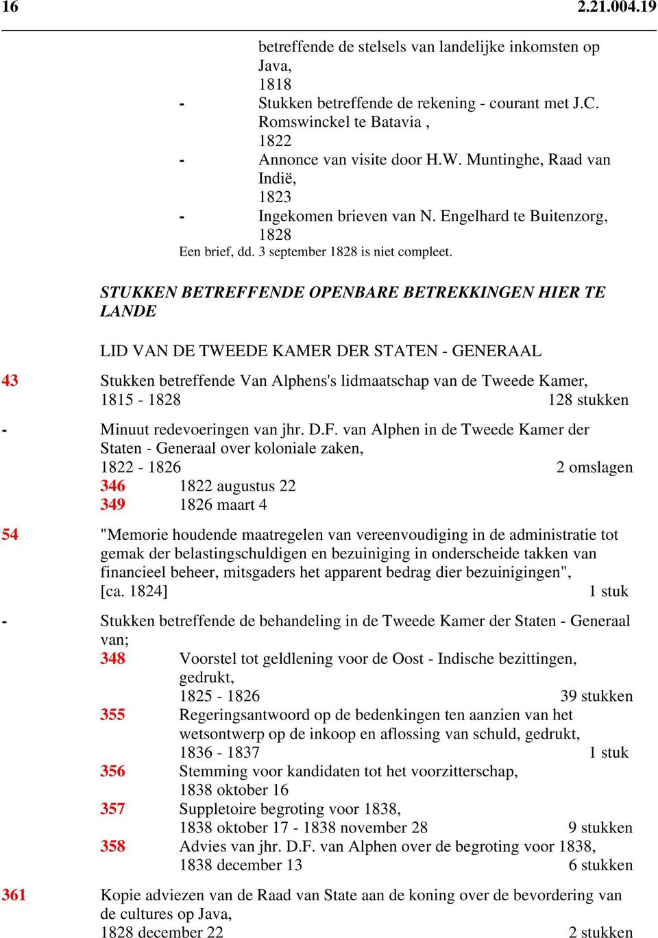 STUKKEN BETREFFENDE OPENBARE BETREKKINGEN HIER TE LANDE LID VAN DE TWEEDE KAMER DER STATEN - GENERAAL 43 Stukken betreffende Van Alphens's lidmaatschap van de Tweede Kamer, 1815-1828 128 stukken -