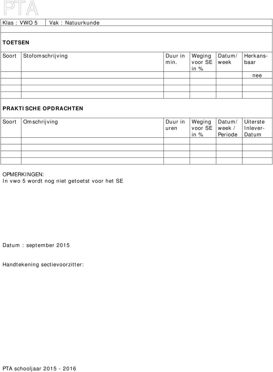 In vwo 5 wordt nog niet getoetst voor het SE : september