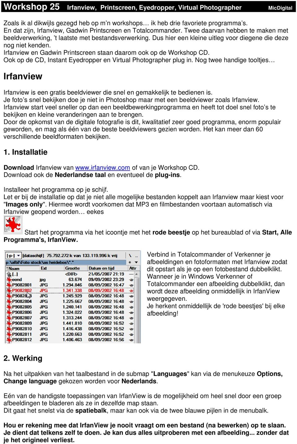 Dus hier een kleine uitleg voor diegene die deze nog niet kenden. Irfanview en Gadwin Printscreen staan daarom ook op de Workshop CD. Ook op de CD, Instant Eyedropper en Virtual Photographer plug in.