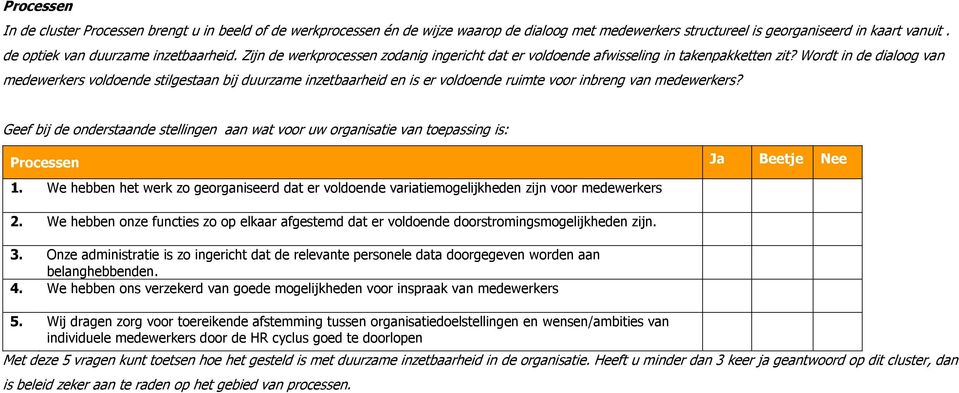 Wordt in de dialoog van medewerkers voldoende stilgestaan bij duurzame inzetbaarheid en is er voldoende ruimte voor inbreng van medewerkers? Processen Ja Beetje Nee 1.