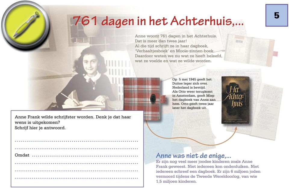 Als Otto weer terugkomt in Amsterdam, geeft Miep het dagboek van Anne aan hem. Otto geeft twee jaar later het dagboek uit. Anne Frank wilde schrijfster worden. Denk je dat haar wens is uitgekomen?