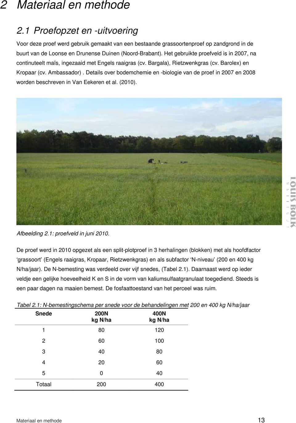 Details over bodemchemie en -biologie van de proef in 2007 en 2008 worden beschreven in Van Eekeren et al. (2010). Afbeelding 2.1: proefveld in juni 2010.