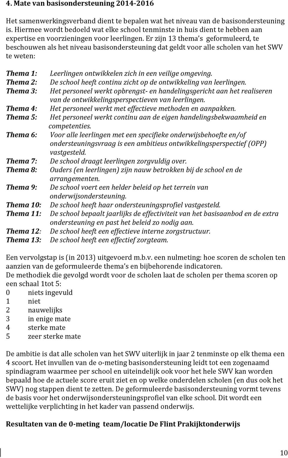 Er zijn 13 thema s geformuleerd, te beschouwen als het niveau basisondersteuning dat geldt voor alle scholen van het SWV te weten: Thema 1: Thema 2: Thema 3: Thema 4: Thema 5: Thema 6: Thema 7: Thema