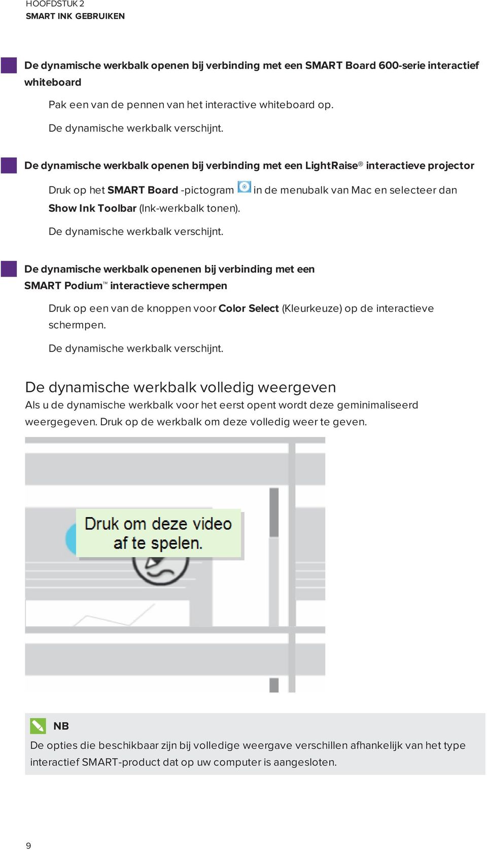 De dynamische werkbalk openen bij verbinding met een LightRaise interactieve projector Druk op het SMART Board -pictogram in de menubalk van Mac en selecteer dan Show Ink Toolbar (Ink-werkbalk tonen).