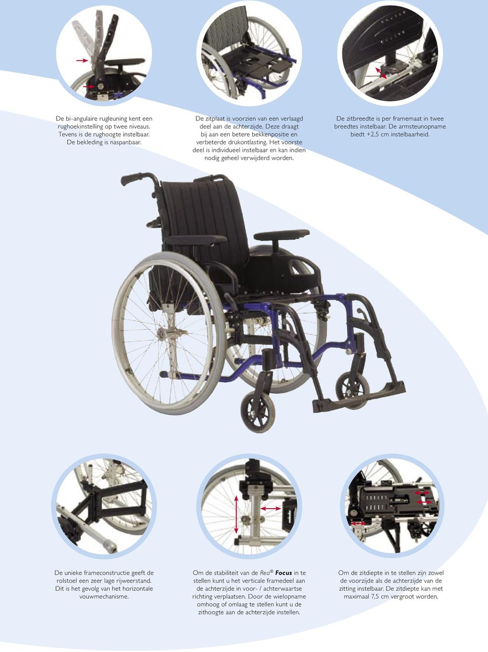 De zitbreedte is per framemaat in twee breedtes instelbaar. De armsteunopname biedt +2,5 cm instelbaarheid. De unieke frameconstructie geeft de rolstoel een zeer lage rijweerstand.