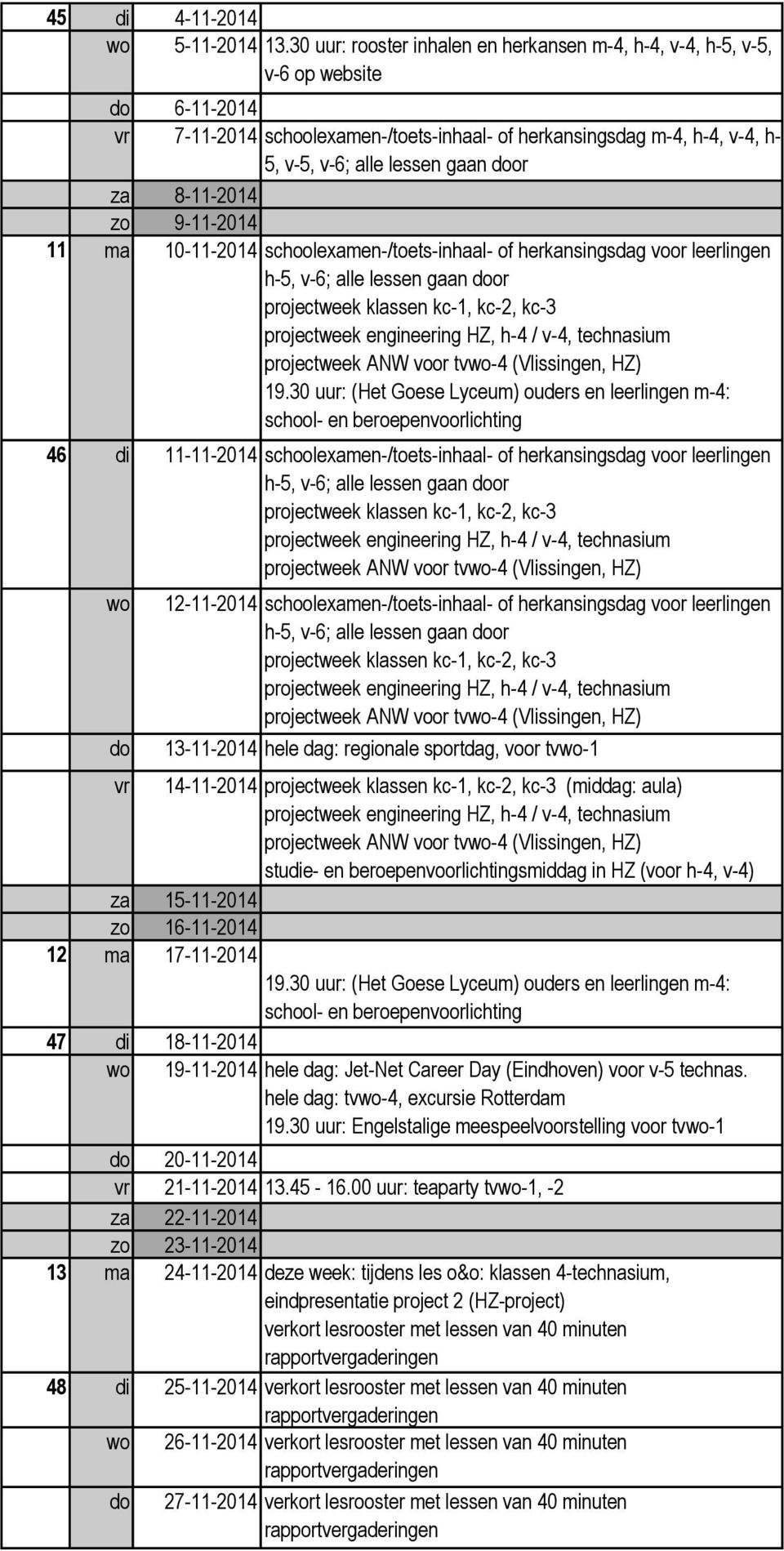 8-11-2014 zo 9-11-2014 11 ma 10-11-2014 schoolexamen-/toets-inhaal- of herkansingsdag voor leerlingen h-5, v-6; alle lessen gaan or projectweek klassen kc-1, kc-2, kc-3 projectweek engineering HZ,