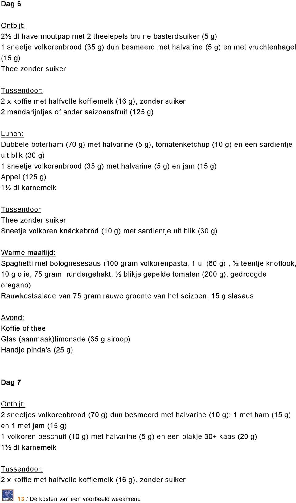 volkorenbrood (35 g) met halvarine (5 g) en jam (15 g) Appel (125 g) 1½ dl karnemelk Sneetje volkoren knäckebröd (10 g) met sardientje uit blik (30 g) Warme maaltijd: Spaghetti met bolognesesaus (100