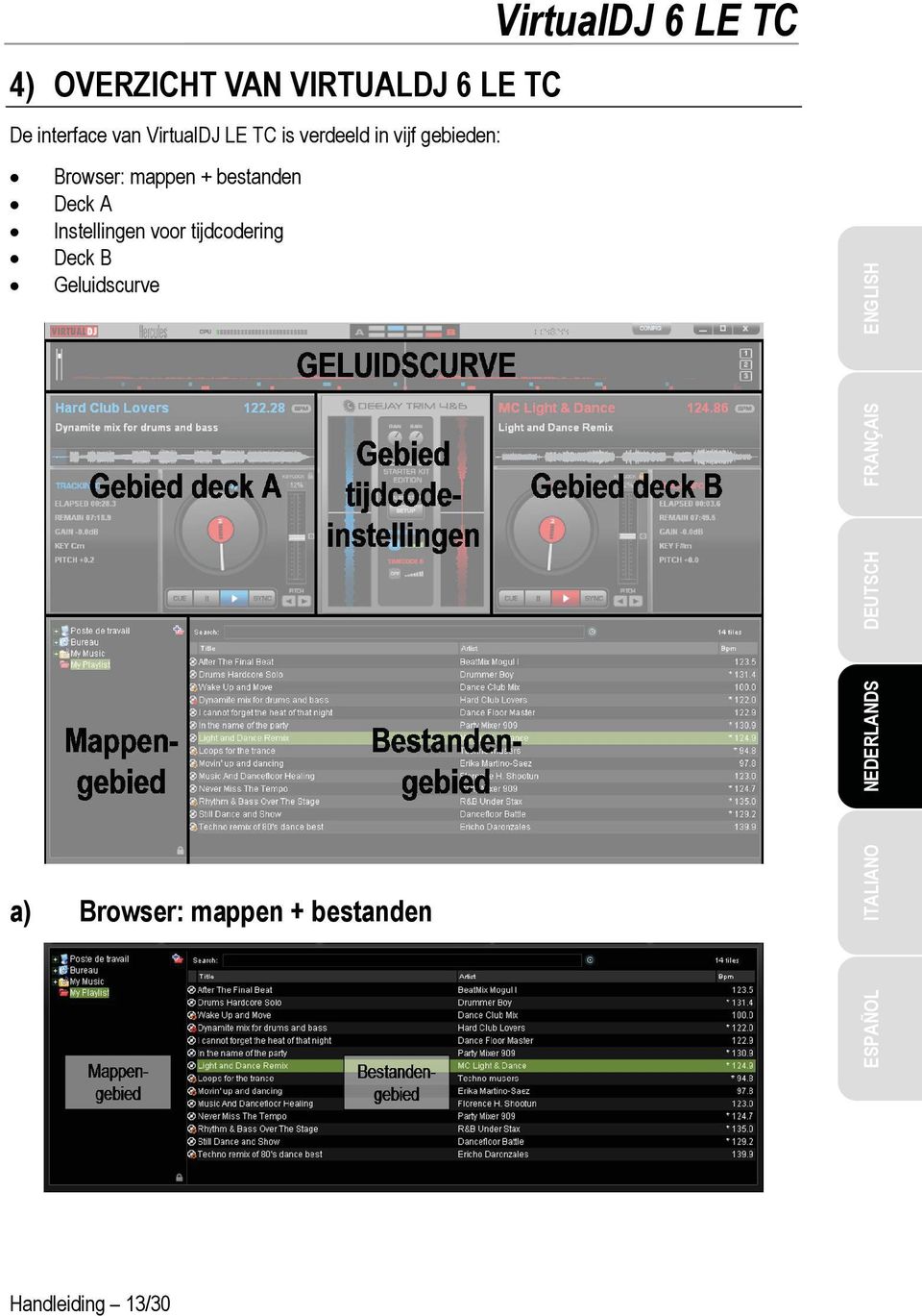 voor tijdcodering Deck B Geluidscurve a) Browser: mappen + bestanden