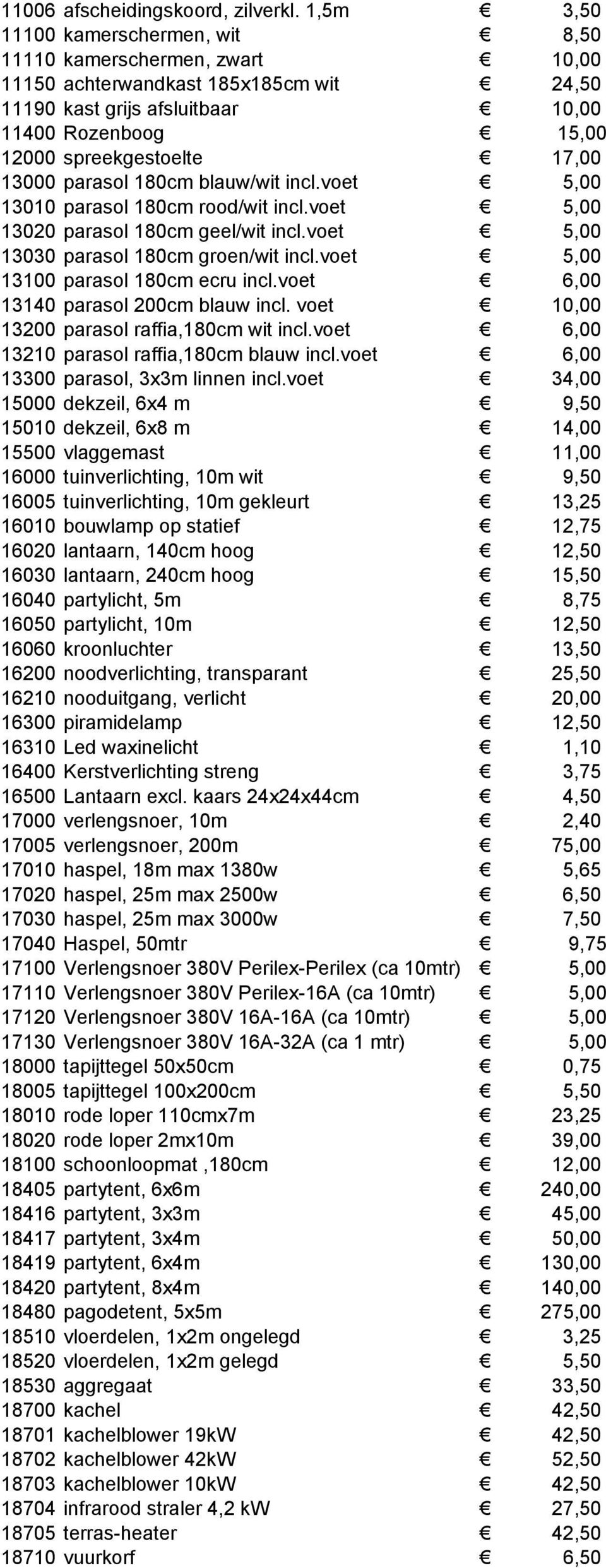 13000 parasol 180cm blauw/wit incl.voet 5,00 13010 parasol 180cm rood/wit incl.voet 5,00 13020 parasol 180cm geel/wit incl.voet 5,00 13030 parasol 180cm groen/wit incl.