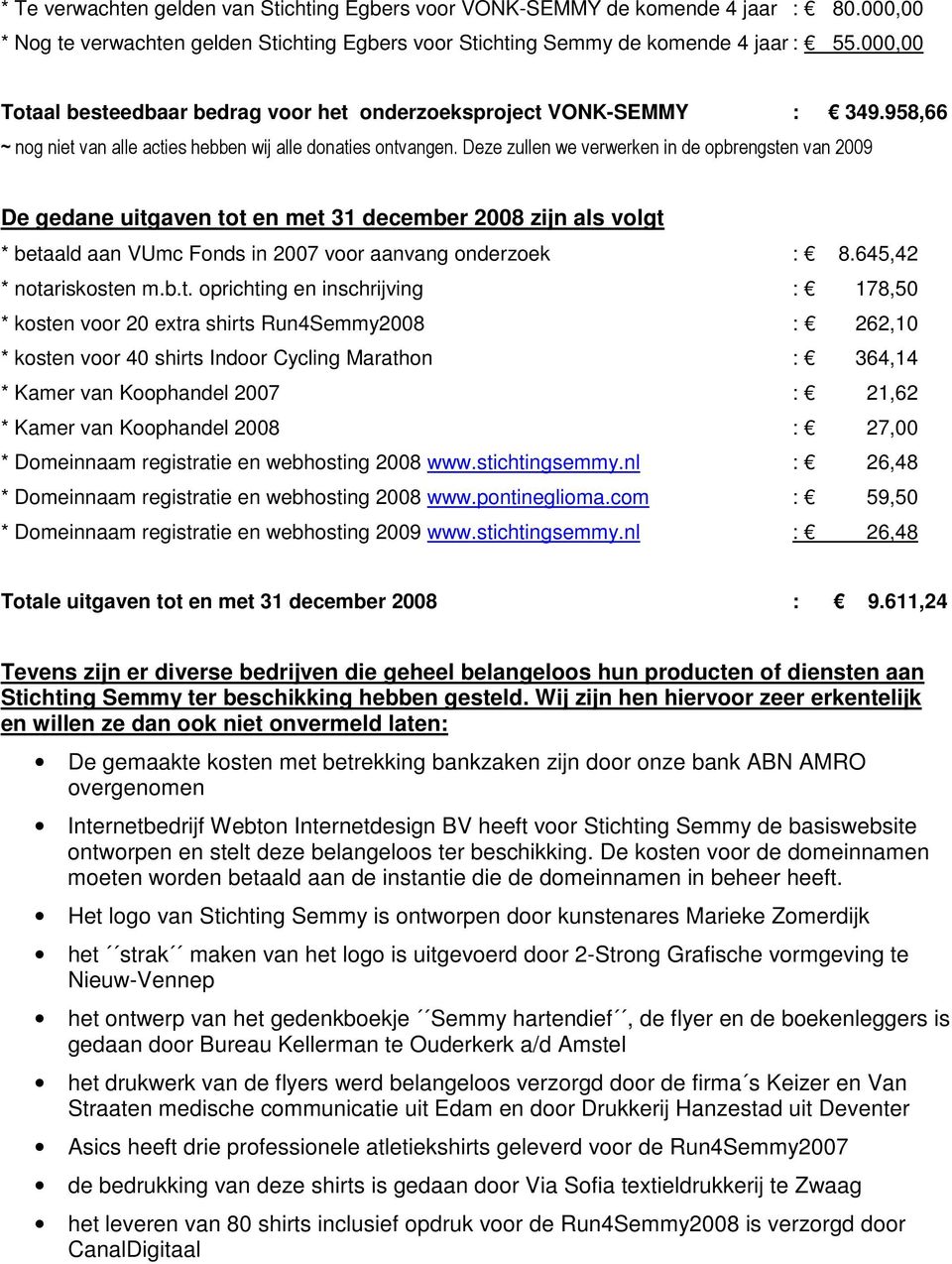 Deze zullen we verwerken in de opbrengsten van 2009 De gedane uitgaven tot en met 31 december 2008 zijn als volgt * betaald aan VUmc Fonds in 2007 voor aanvang onderzoek : 8.645,42 * notariskosten m.