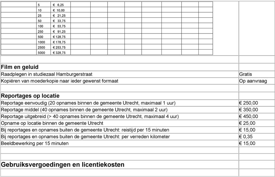 maximaal 2 uur) 350,00 Reportage uitgebreid (> 40 opnames binnen de gemeente Utrecht, maximaal 4 uur) 450,00 Opname op locatie binnen de gemeente Utrecht 25,00 Bij reportages en opnames buiten de