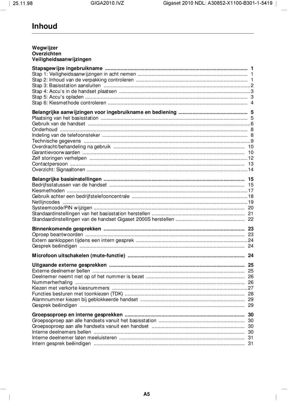 .. 4 Belangrijke aanwijzingen vr ingebruikname en bediening... 5 Plaatsing van het basisstatin... 5 Gebruik van de handset...6 Onderhud... 8 Indeling van de telefnsteker... 8 Technische gegevens.