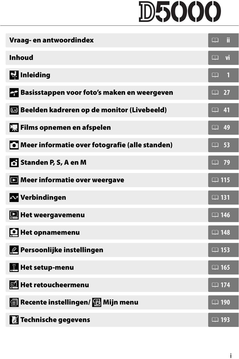 M 0 79 I Meer informatie over weergave 0 115 Q Verbindingen 0 131 o Het weergavemenu 0 146 i Het opnamemenu 0 148 L Persoonlijke