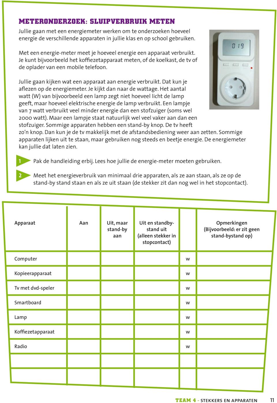 Jullie gaan kijken wat een apparaat aan energie verbruikt. Dat kun je aflezen op de energiemeter. Je kijkt dan naar de wattage.