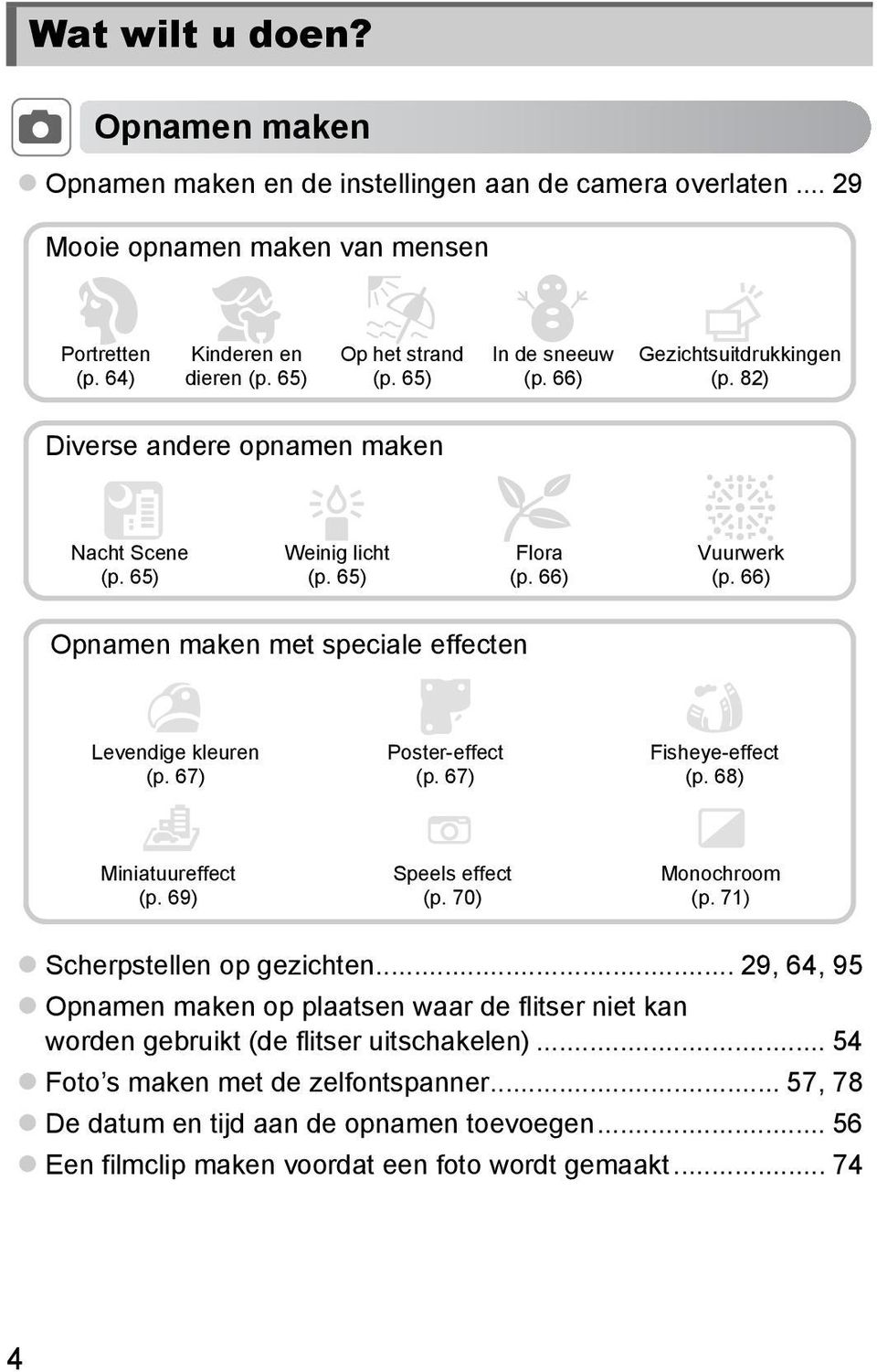 66) Opnamen maken met speciale effecten Levendige kleuren (p. 67) Poster-effect (p. 67) Fisheye-effect (p. 68) Miniatuureffect (p. 69) Speels effect (p. 70) Monochroom (p.