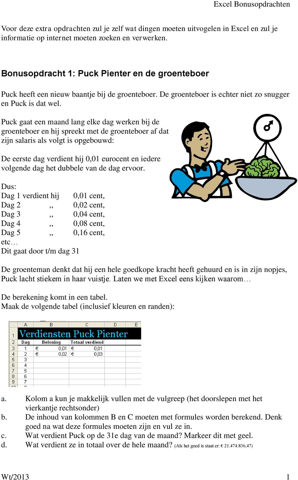 Puck gaat een maand lang elke dag werken bij de groenteboer en hij spreekt met de groenteboer af dat zijn salaris als volgt is opgebouwd: De eerste dag verdient hij 0,01 eurocent en iedere volgende
