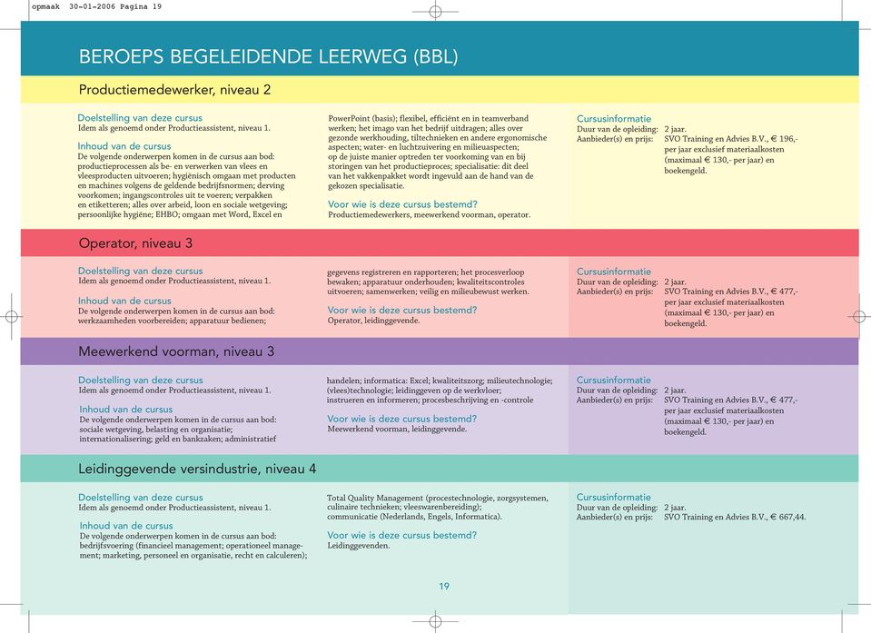 bedrijfsnormen; derving voorkomen; ingangscontroles uit te voeren; verpakken en etiketteren; alles over arbeid, loon en sociale wetgeving; persoonlijke hygiëne; EHBO; omgaan met Word, Excel en