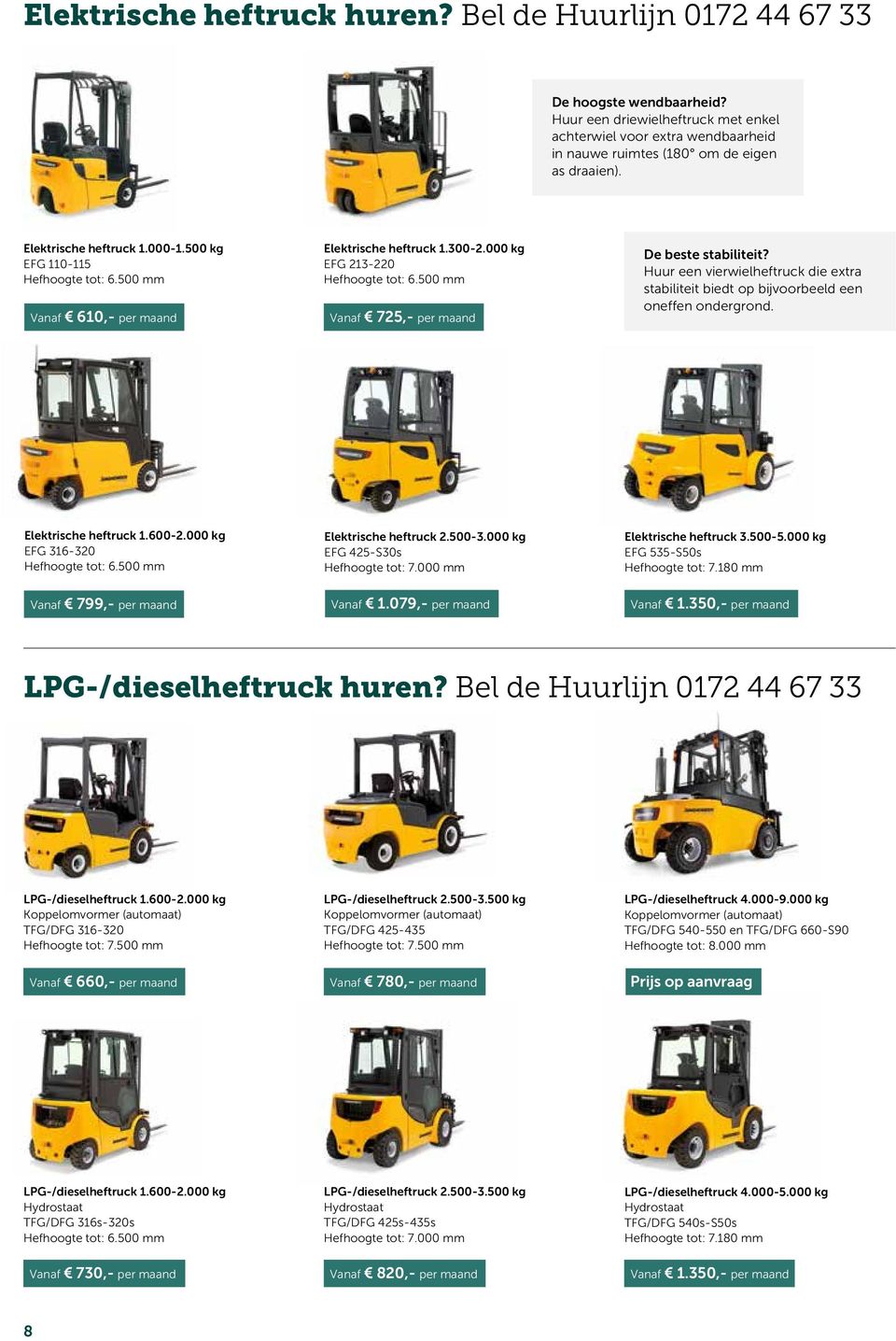 500 mm Vanaf 610,- per maand Vanaf 725,- per maand De beste stabiliteit? Huur een vierwielheftruck die extra stabiliteit biedt op bijvoorbeeld een oneffen ondergrond. Elektrische heftruck 1.600-2.