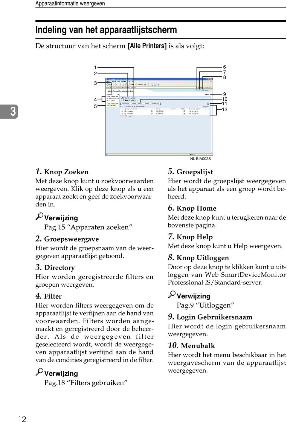 Directory Hier worden geregistreerde filters en groepen weergeven. 4. Filter Hier worden filters weergegeven om de apparaatlijst te verfijnen aan de hand van voorwaarden.