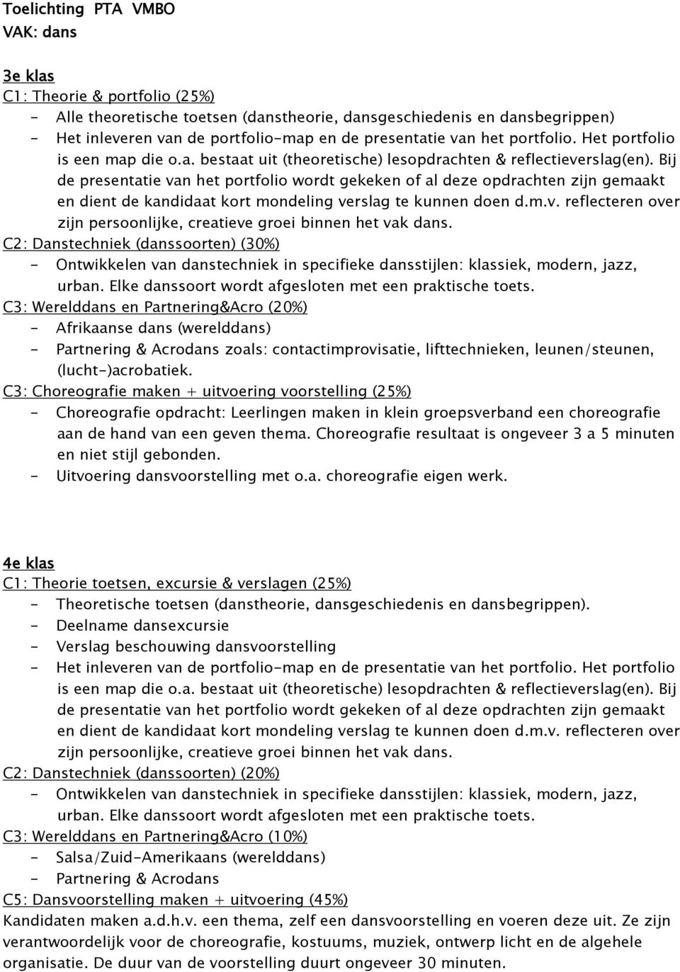 Bij de presentatie van het portfolio wordt gekeken of al deze opdrachten zijn gemaakt en dient de kandidaat kort mondeling verslag te kunnen doen d.m.v. reflecteren over zijn persoonlijke, creatieve groei binnen het vak dans.