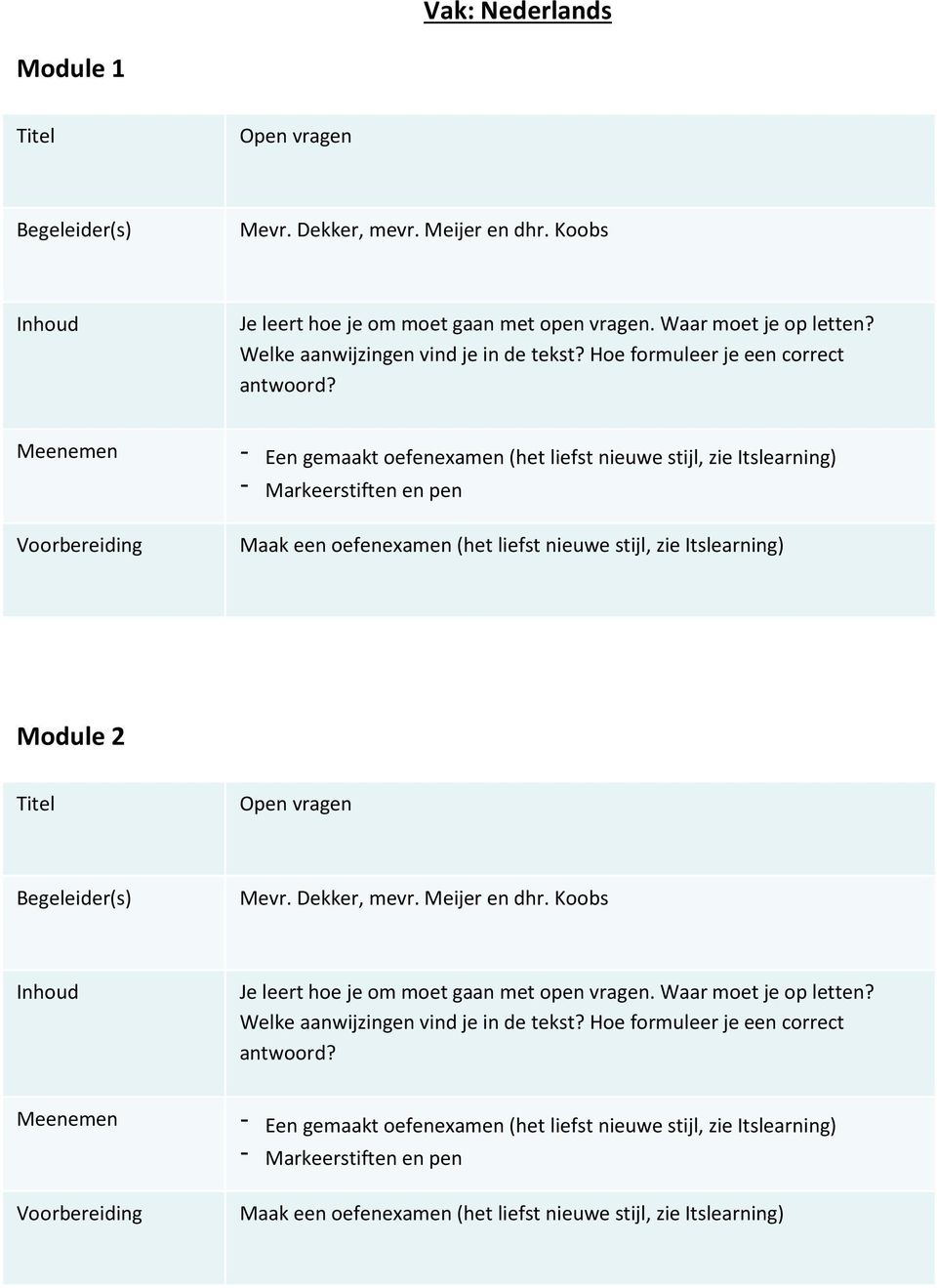 - Een gemaakt oefenexamen (het liefst nieuwe stijl, zie Itslearning) - Markeerstiften en pen Maak een oefenexamen (het liefst nieuwe stijl, zie Itslearning) Module 2 Open vragen Mevr.