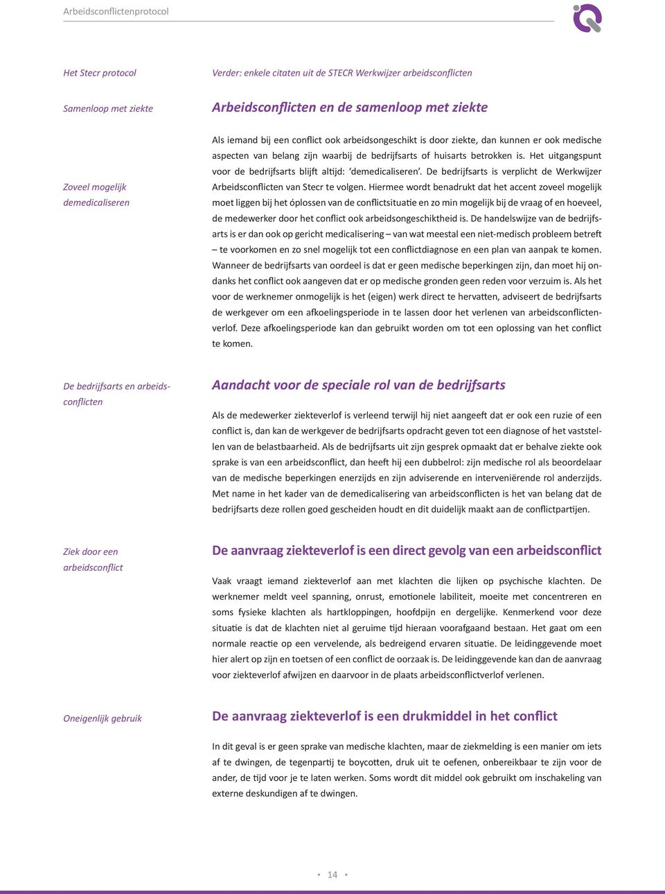 Het uitgangspunt voor de bedrijfsarts blijft altijd: demedicaliseren. De bedrijfsarts is verplicht de Werkwijzer Arbeidsconflicten van Stecr te volgen.