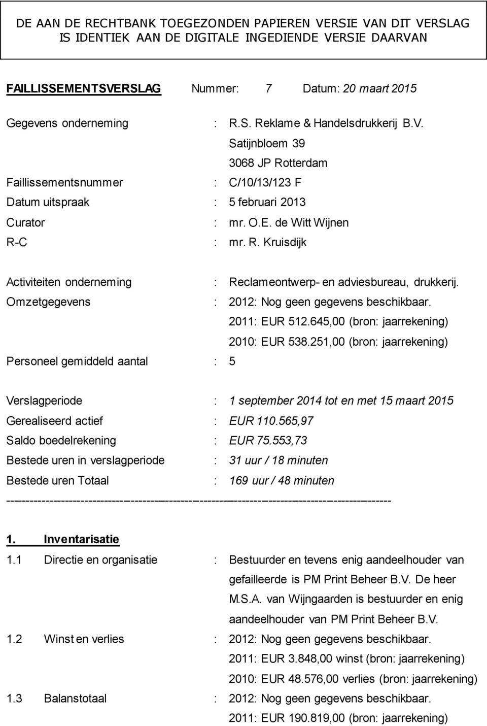 Omzetgegevens : 2012: Nog geen gegevens beschikbaar. 2011: EUR 512.645,00 (bron: jaarrekening) 2010: EUR 538.