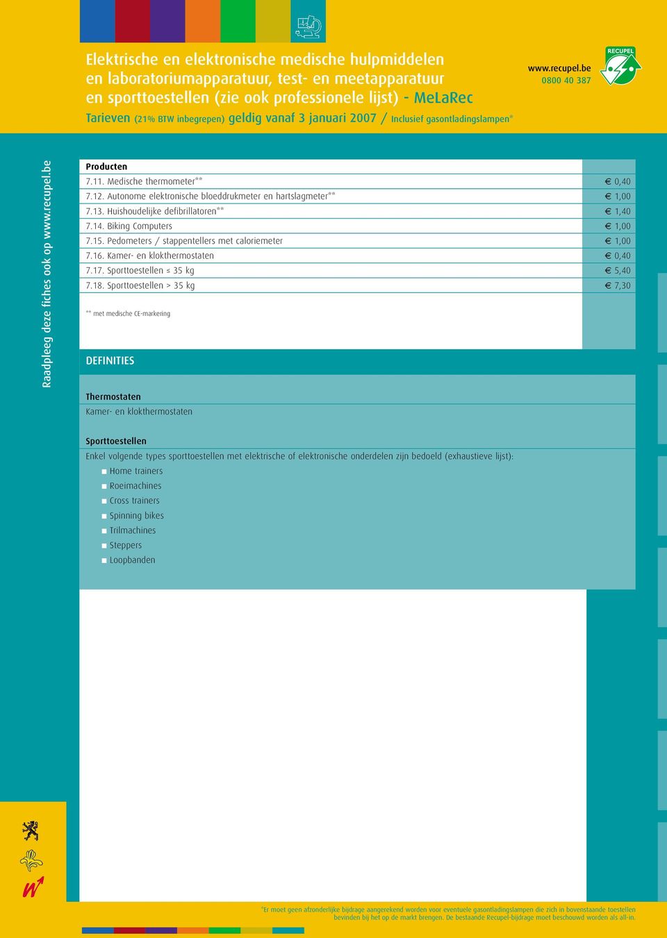 Autonome elektronische bloeddrukmeter en hartslagmeter** 1,00 7.13. Huishoudelijke defibrillatoren** 1,40 7.14. Biking Computers 1,00 7.15. Pedometers / stappentellers met caloriemeter 1,00 7.16.