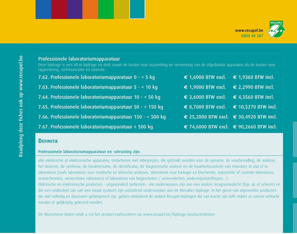 communicatie en controle. 7.62. Professionele laboratoriumapparatuur 0 - < 5 kg 1,6000 BTW excl. 1,9360 BTW incl. 7.63. Professionele laboratoriumapparatuur 5 - < 10 kg 1,9000 BTW excl.