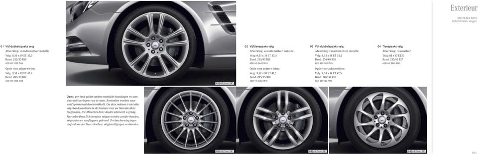 18 ET 35,5 Band: 255/40 R18 A231 4 1002 7X45 Velg: 8 J x 17 ET30 Band: 255/45 R17 A231 4 2402 9765 Optie voor achterwielen: Optie voor achterwielen: Optie voor achterwielen: Velg: 9,5 J x 19 ET 47,5