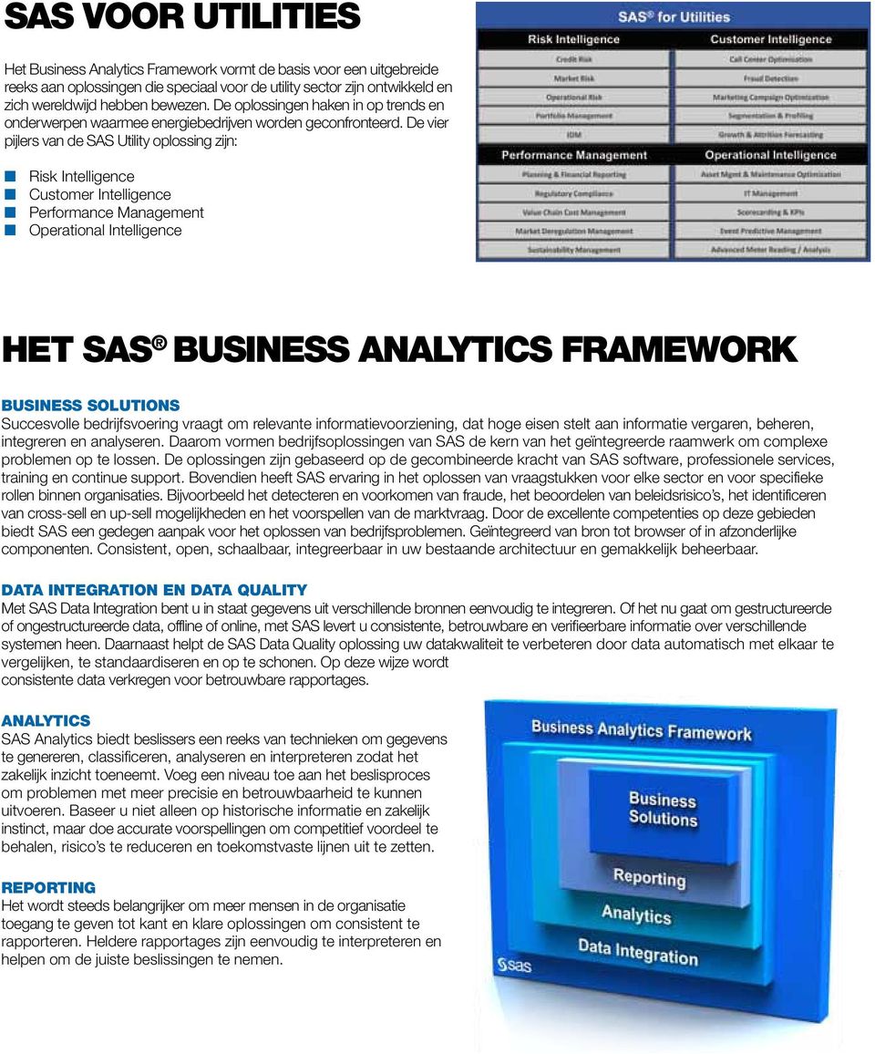 De vier pijlers van de SAS Utility oplossing zijn: Risk Intelligence Customer Intelligence Performance Management Operational Intelligence het SAS Business Analytics Framework Business Solutions